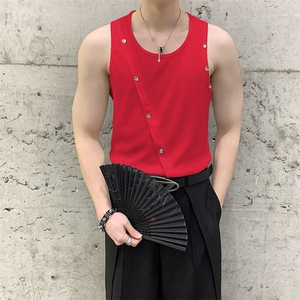 夏装小众纯棉坑条大码背心性感不规则排扣无袖T恤男女肌理感上衣图片