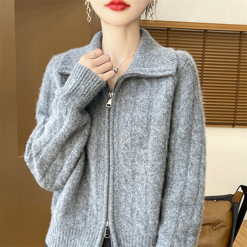 100%纯羊毛双拉链开衫女翻领加厚针织外套宽松扭花羊绒衫外搭上衣,女装羊毛衫,科源羊绒