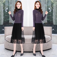 2021年秋季新款时尚气质假两件毛衣连衣裙，女装连衣裙，金典明美