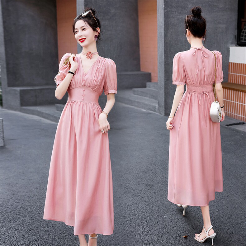 法式甜美嫩粉色娃娃领连衣裙女夏2025新款温柔风别致惊艳高腰长裙，女装连衣裙，贵人树