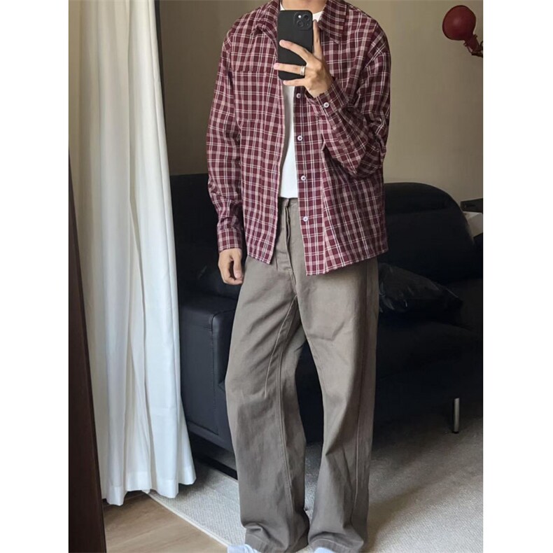 美式复古红色格子衬衫外套男女宽松衬衣休闲新款长袖上衣潮,男装衬衫,四季星座505
