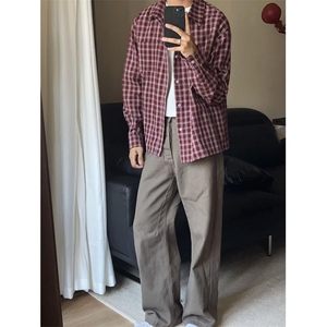 美式复古红色格子衬衫外套男女宽松衬衣休闲新款长袖上衣潮图片