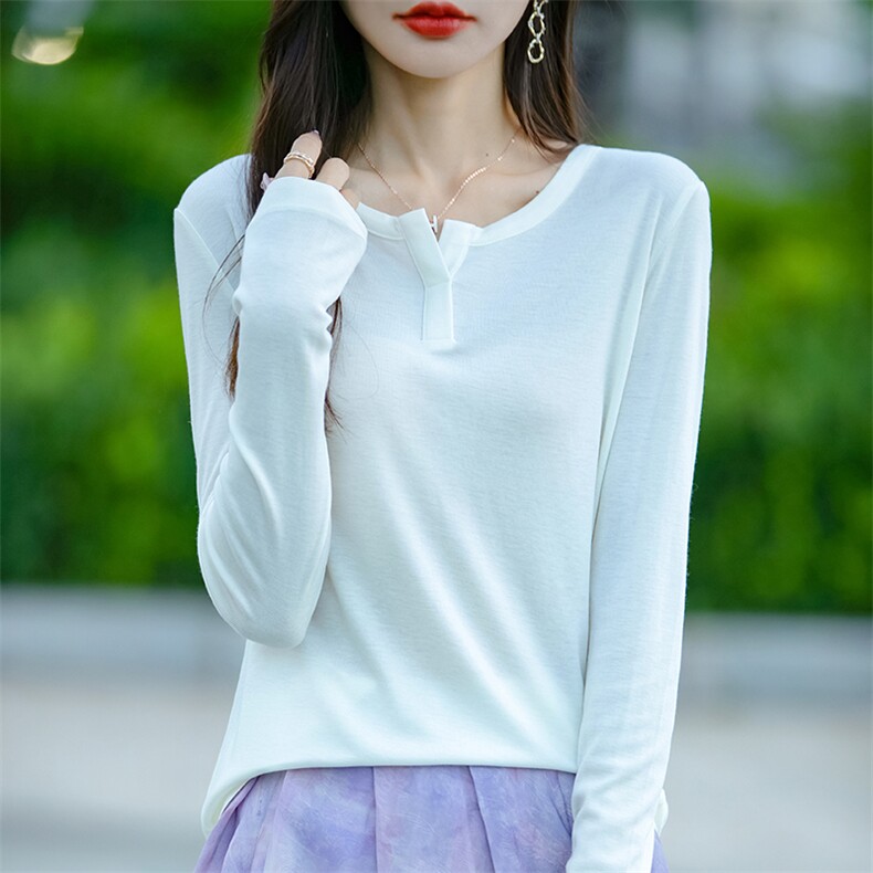 春秋半开领精纺羊毛针织衫女纯色薄款长袖毛衣宽松百搭打底衫上衣图片