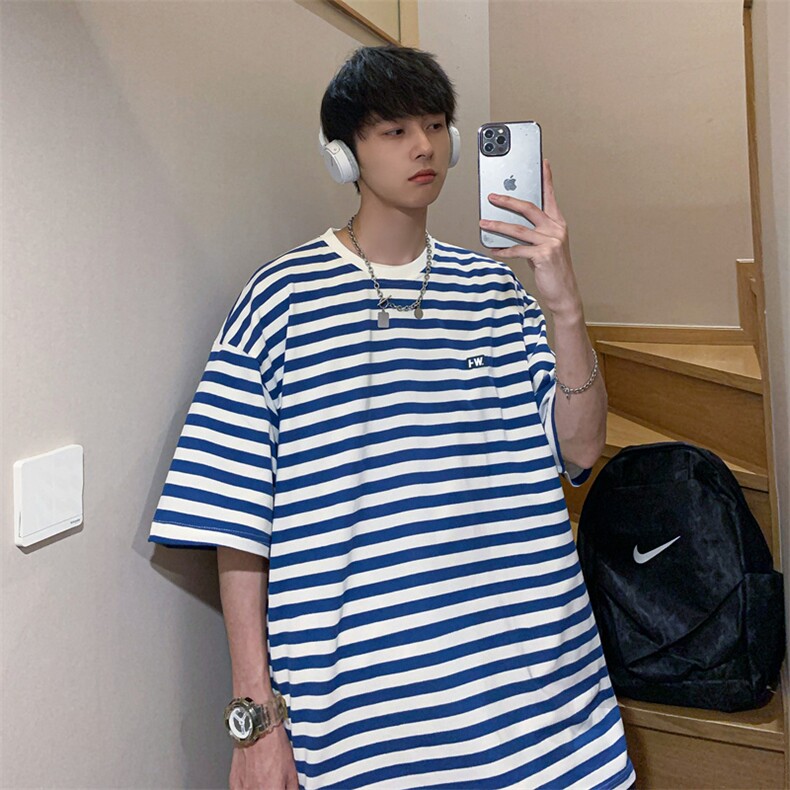 条纹男士短袖新款宽松简约原宿风百搭半袖ins港风衣服T641-P25,男装T恤,星座512-2