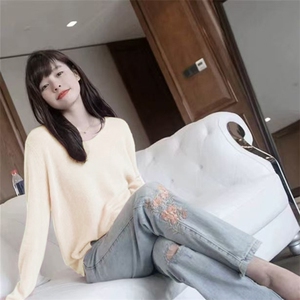 简约长袖针织衫女士宽松百搭显瘦精纺V领长袖针织衫图片