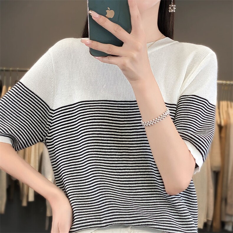 2025新款条纹短袖t恤女夏季薄款冰丝针织衫宽松圆领打底上衣体恤,针织衫/毛衣,萱芳婷羊绒