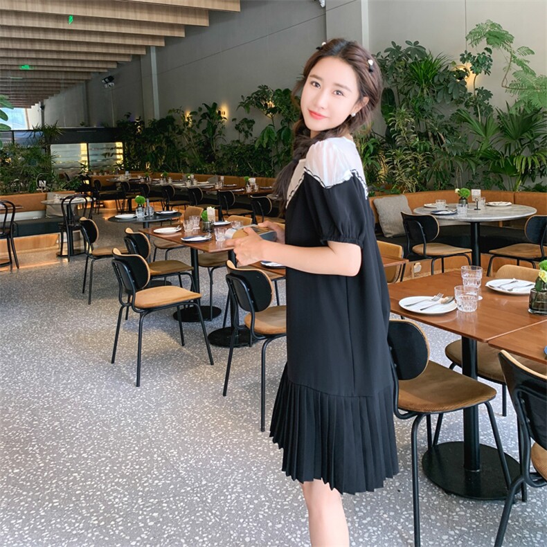 设计感拼接撞色百褶连衣裙女夏2025新款法式气质宽松泡泡袖直筒裙,女装连衣裙,帛香坊