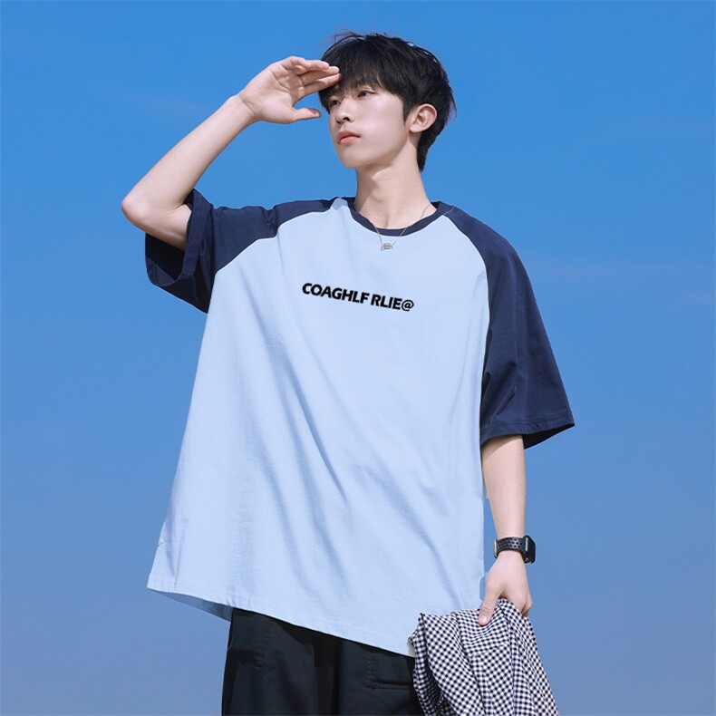 抖音得物高品质二开240克宽松纯棉美式潮牌插肩袖拼接短袖T恤,男装T恤,电商A486