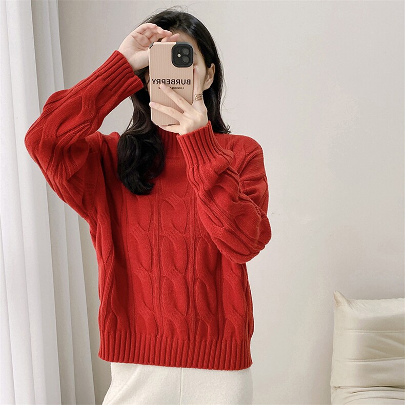 秋冬加厚保暖上衣羊毛针织半高领套头麻花毛衣女羊绒打底衫，女装羊毛衫，米莲尼羊绒