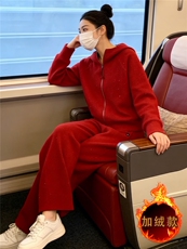 秋冬新款港风时尚套装女红色立领拉链开衫外套阔腿休闲长裤两件套，女装套装/套裙，江南