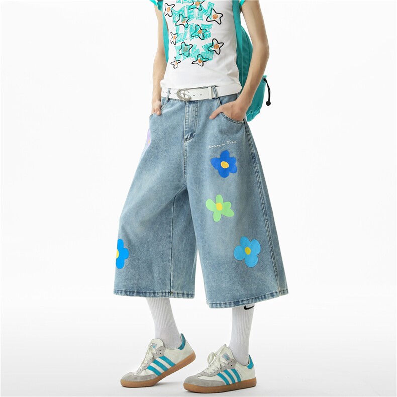 【现货】XZ612-KD54-P65控89美式复古花朵印花牛仔七分裤,男装牛仔裤,星座612