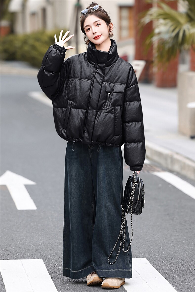 冬季抗风蛋白PU皮立领羽绒服外套加厚保暖2025新品白鸭绒面包服女,女装羽绒服,意芙