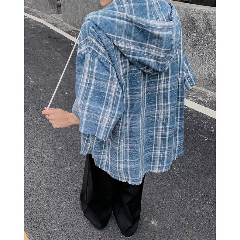 男士短袖春夏季2024新款工艺格子连帽衬衫HJ10P36,男装衬衫,星座1116-2