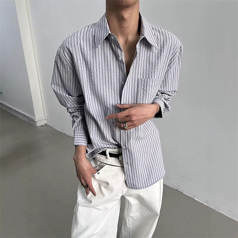 yghome春秋韩系极简蓝色条纹衬衫男长袖宽松休闲复古内搭翻领衬衫,男装衬衫,星座506A