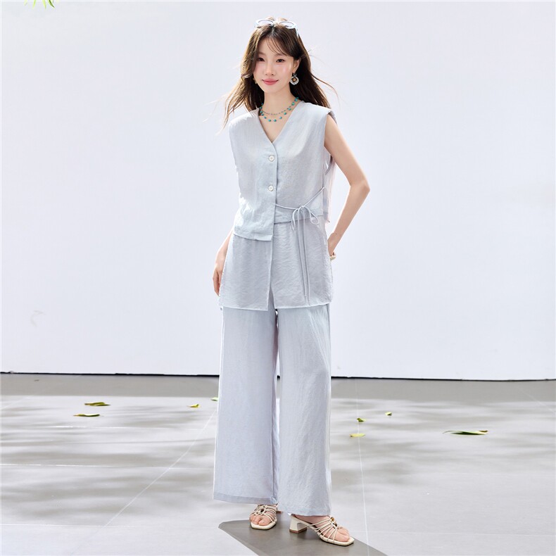 夏季新款现货！2026休闲风阔版拼接小垫肩上衣+松紧腰阔腿裤套装,女装套装/套裙,宝儿家
