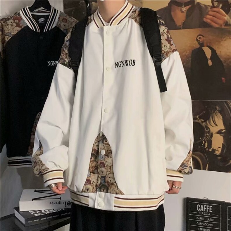小熊印花拼接外套男高街潮宽松休闲情侣棒球服夹克上衣W1631-P52,男装夹克,星座512-2