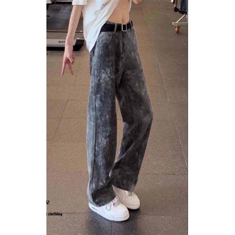 水墨扎染迷彩牛仔裤男款美式高街vibe弯刀裤子修身直筒微喇脏脏裤,男装牛仔裤,四季星座505