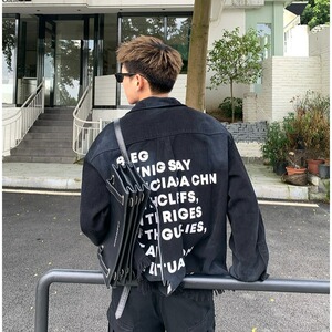 美式休闲后背字母牛仔外套男女款流苏毛边情侣装夹克HH2262 P65图片