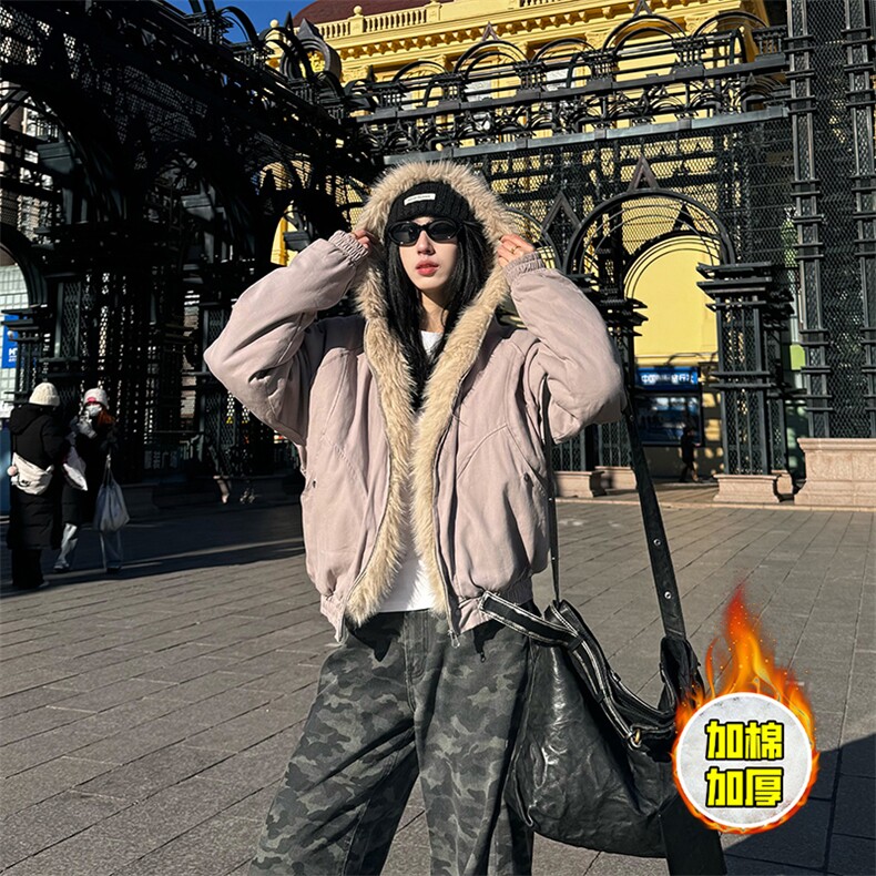 现货高品质美式高街冬季重磅硬挺短款座山雕毛领棉衣男女加厚外套，男装棉衣，电商A486-1