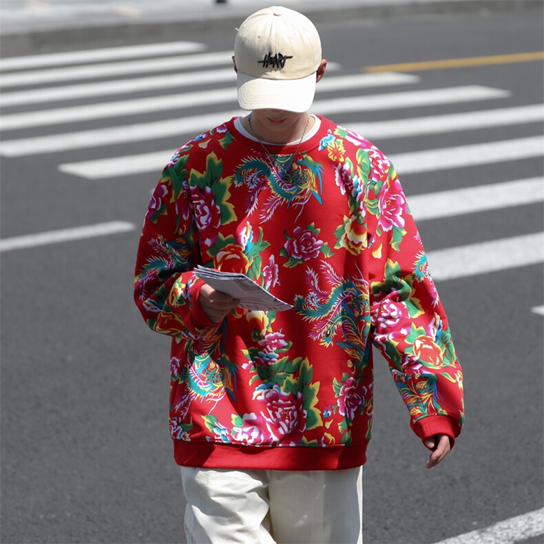 B204冬加绒保暖套头圆领卫衣外套东北大花民族风风潮火锅店,男装卫衣,星座115A(原星座507）