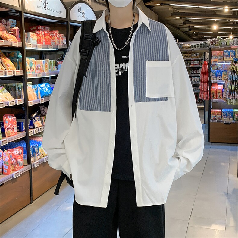 长袖拼色条纹衬衫男港风日系外套C84P35图片