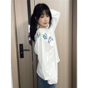 潮美式重工刺绣花卉长袖卫衣女春秋薄款街头设计感情侣潮牌上衣图片
