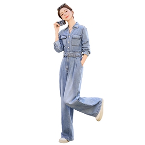 （新款现货）2026春装时尚休闲显瘦工装v领牛仔阔腿腰带连体裤女图片
