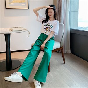 短袖套装女2022夏季新款印花T恤透气宽松简约气质西装长裤白搭图片