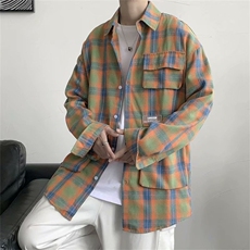 盐系格子衬衫男春秋款长袖韩版上衣时尚宽松衬衣外套W1170-P38，男装衬衫，星座512-2