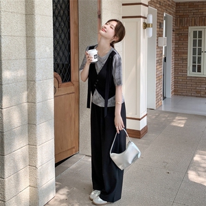 时尚设计感假两件上衣阔腿裤套装女夏2025新款洋气减龄显瘦两件套图片