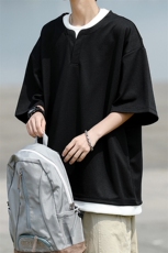 8XL-M重磅斜纹假两件短袖t恤男夏季薄款宽松大码半袖体恤DT006P45，男装T恤，电商B312