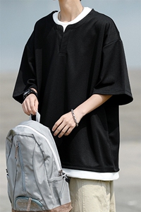8XL-M重磅斜纹假两件短袖t恤男夏季薄款宽松大码半袖体恤DT006P45图片