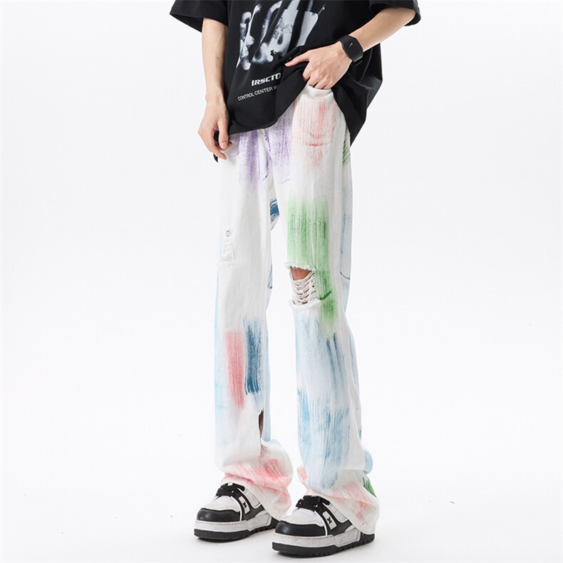 美式ins高街hiphop破洞多巴胺彩色涂鸦牛仔货号K2306P55图片