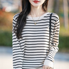 春秋圆领精纺羊毛衫针织长袖女条纹拼色刺绣兔子上衣宽松打底毛衣，女装针织衫/毛衣，佰米娇羊绒