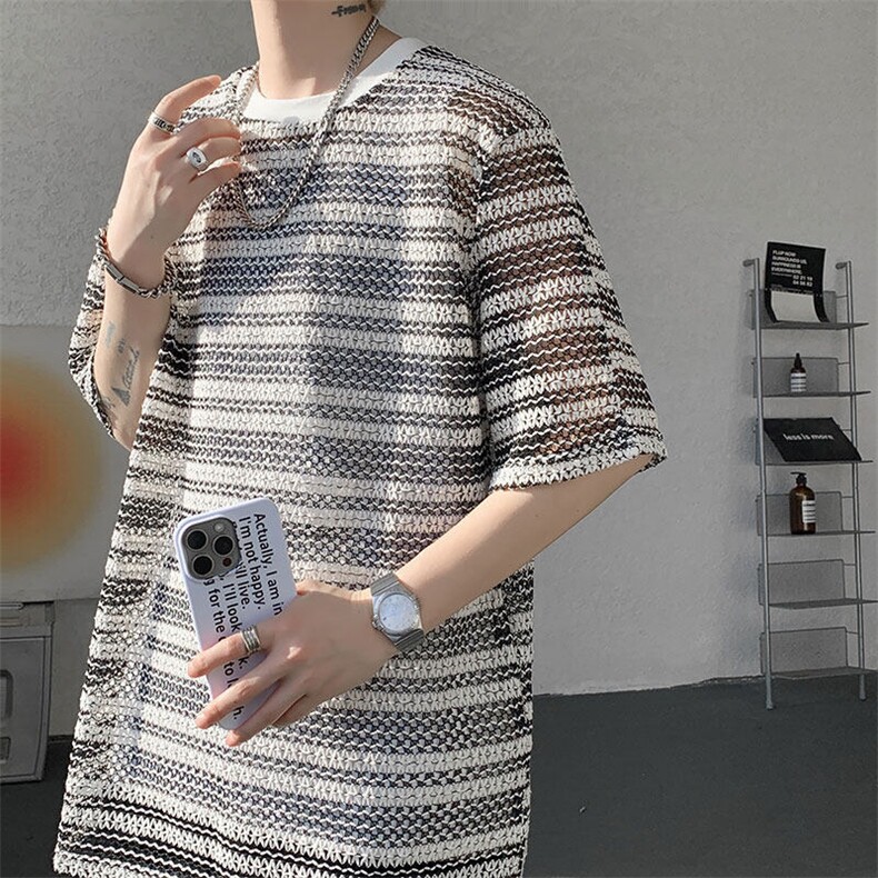 T10120-特P30 小众夏季新款男镂空凉快冰丝短袖大码T（怕透慎拍）图片