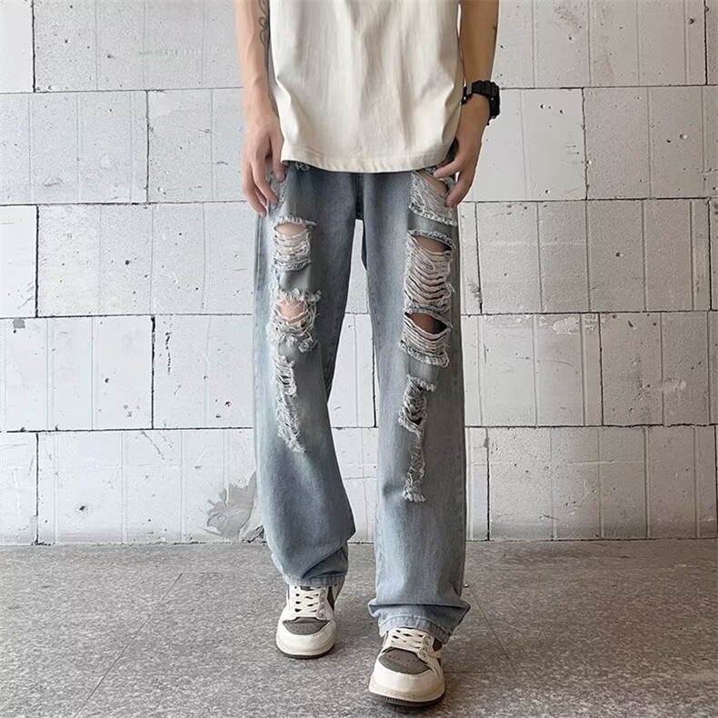 美式破洞牛仔裤男夏季高街vibe裤子黄泥染直筒宽松乞丐裤GN21-P45,男装牛仔裤,星座1008