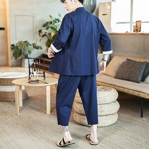 2021夏季中国风男装棉麻七分袖衬衫大码刺绣休闲裤套装TZ073/P100图片