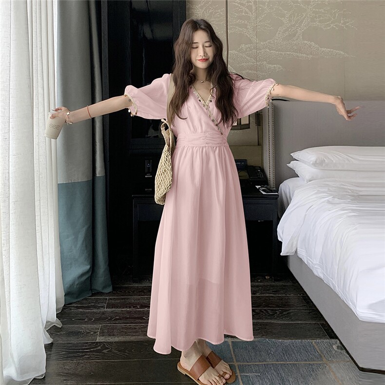 茶歇法式白色V领连衣裙女夏2025高级感温柔气质掐腰连身长裙及踝,女装连衣裙,2C299