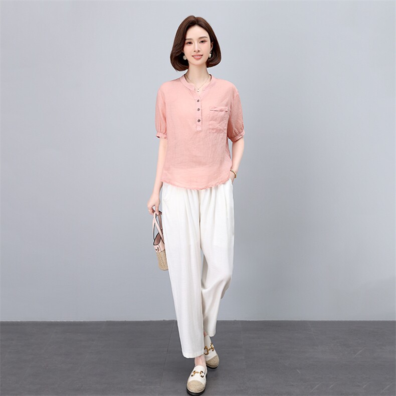 薄款棉麻休闲套装女夏季2025新款中年妈妈时尚洋气亚麻衬衫两件套,女装套装/套裙,凝聚力