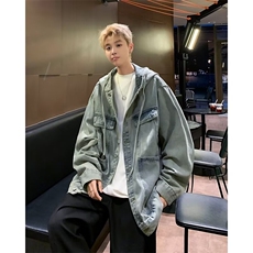 秋款男连帽牛仔夹克工装大口袋单排扣长绳宽松外套JK1226P68，男装夹克，星座1013-1