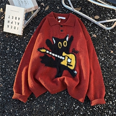 美式复古猫咪提花polo领毛衣男秋冬季宽松休闲软糯慵懒针织衫潮流，男装针织衫/毛衣，星座1210-1