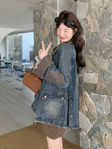 蓝色复古撞色拼接牛仔外套女2025春秋新款设计感炸街翻领夹克上衣图片