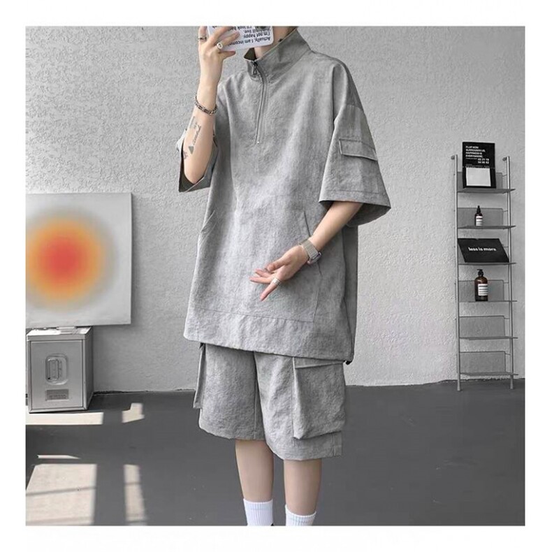 美式工装套装男夏季宽松休闲穿搭一整套短袖2025新款冰丝运动短裤,男装休闲套装,星座506A