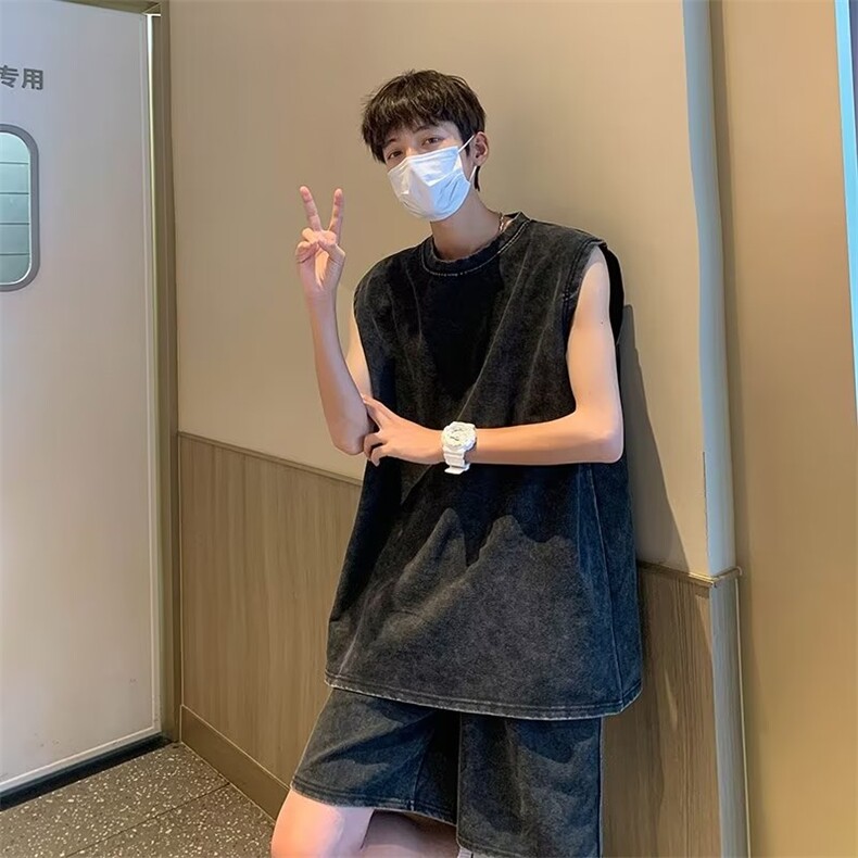 套装男韩版潮无袖背心两件套2023夏季新款ins宽松五分裤W4835-P53,男装休闲套装,星座412-3