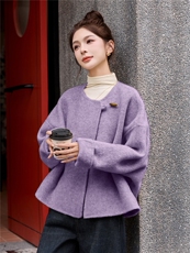 2025秋冬新款双面绒羊毛呢子大衣女蝙蝠袖小个子流苏围巾毛呢外套，女装毛呢外套，朵莱米