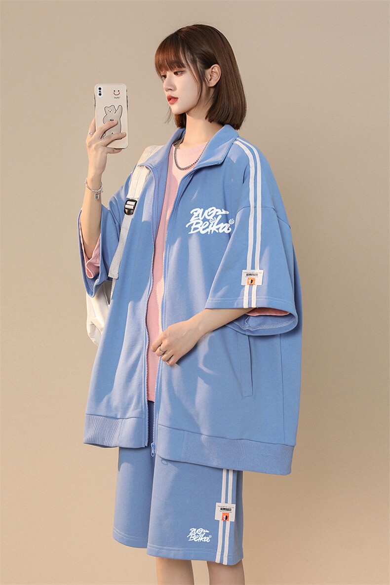 中性夏季潮流华夫格宽松运动风开衫T恤情侣套装TZ656P85控108,男装休闲套装,A247A