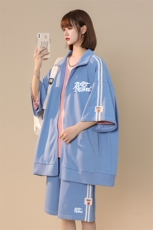 中性夏季潮流华夫格宽松运动风开衫T恤情侣套装TZ656P85控108，男装休闲套装，A247A