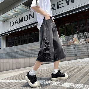 牛仔短裤男女七分裤破洞美式宽松阔腿裤夏季新款直筒裤D30133-p45图片