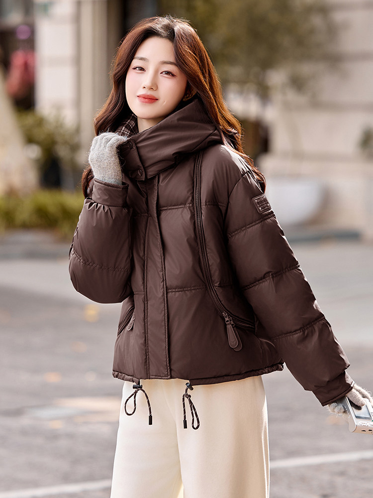 现货冬装新款简约时尚保暖休闲拼接连帽PU加厚棉服棉衣外套,女装棉衣/棉服,韩美纤衣