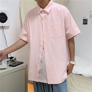 盐系衬衫雾霾蓝港风条纹短袖衬衣男夏季宽松百搭慵懒风五分袖外套图片